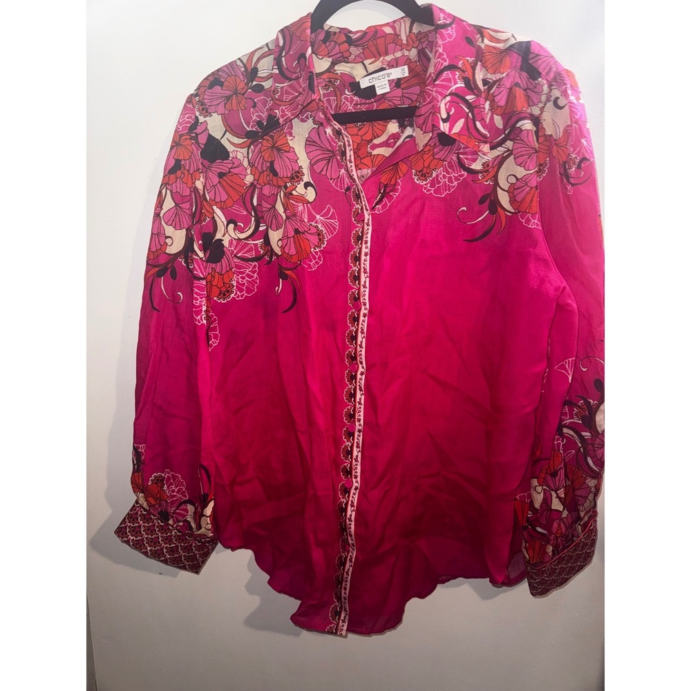 Chico's Pink Floral Ramie Lyocell Button Up Blouse Top Size 3.5 XL US 18